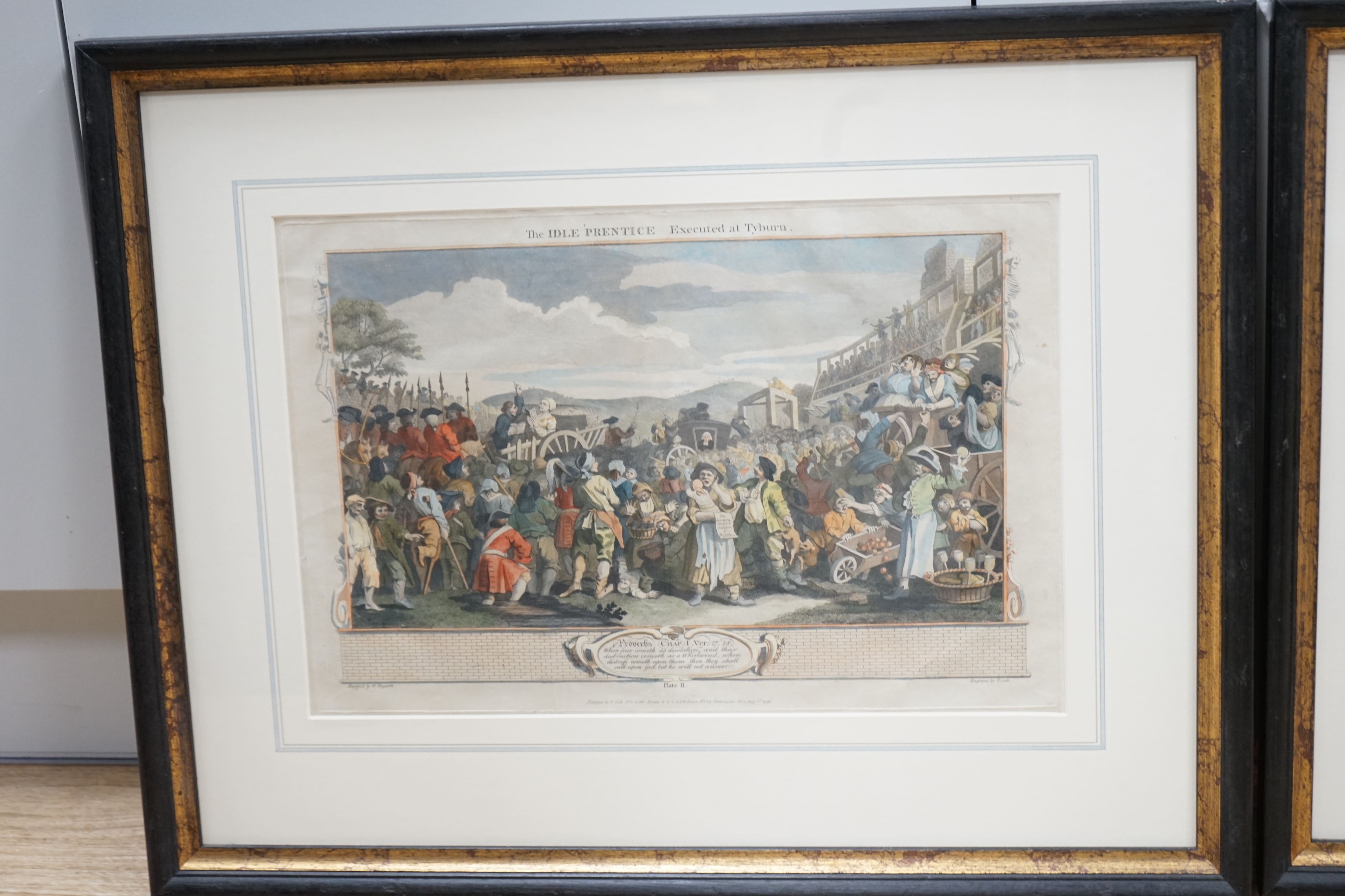 After William Hogarth (1697-1764) pair of colour engravings, ‘The Idle Prentice, Executed at Tyburn’ & ‘The Industrious Prentice, Lord Mayor of London’, publ. T Cook, 1795, 29 x 42cm